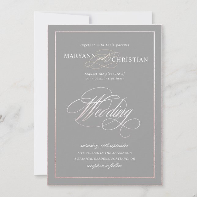 elegant calligraphy rose gold gray wedding invitation (Front)