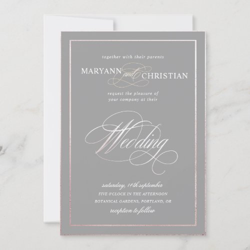 elegant calligraphy rose gold gray wedding invitation