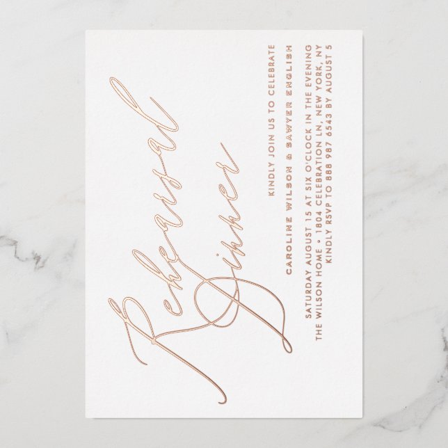Elegant Calligraphy Rose Gold Rehearsal Dinner Foil Invitation (Front)