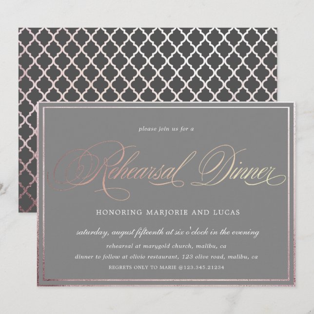 elegant calligraphy rose gold Rehearsal Dinner Invitation (Front/Back)