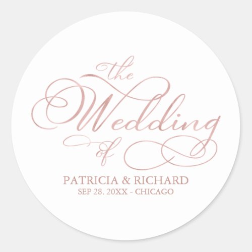 Elegant Calligraphy Rose Gold Wedding Classic Round Sticker