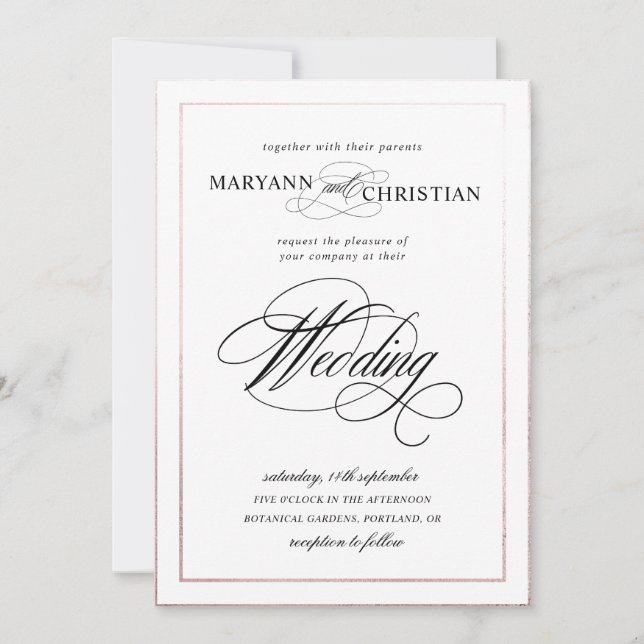 elegant calligraphy rose gold wedding invitation (Front)