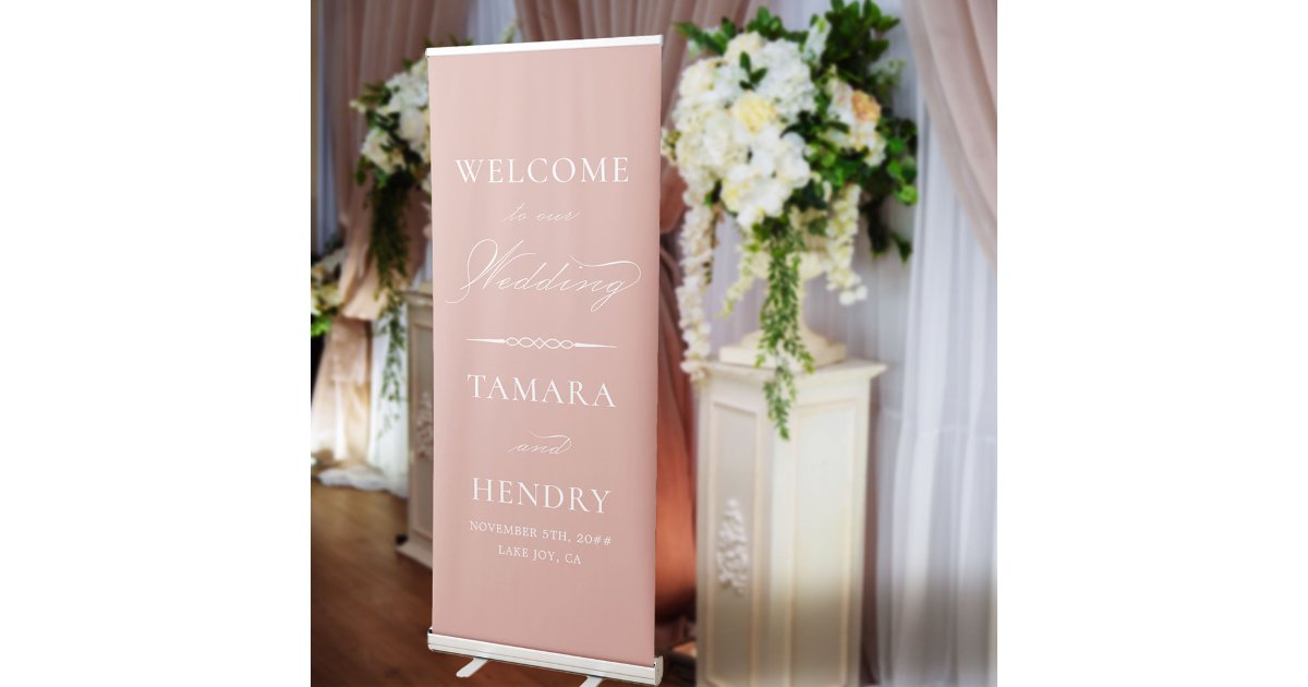 Elegant Calligraphy Rose Gold Wedding Welcome Retractable Banner | Zazzle