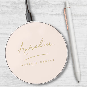 Elegant Calligraphy Rose Monogram Name Blush Gold Wireless Charger