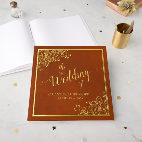 Elegant Calligraphy Rust Orange Gold Foil Wedding Foil Guest Book