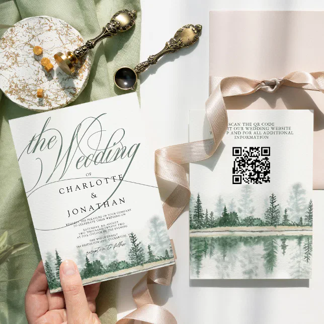 Elegant Calligraphy Rustic Forest QR Code Wedding Invitation Zazzle