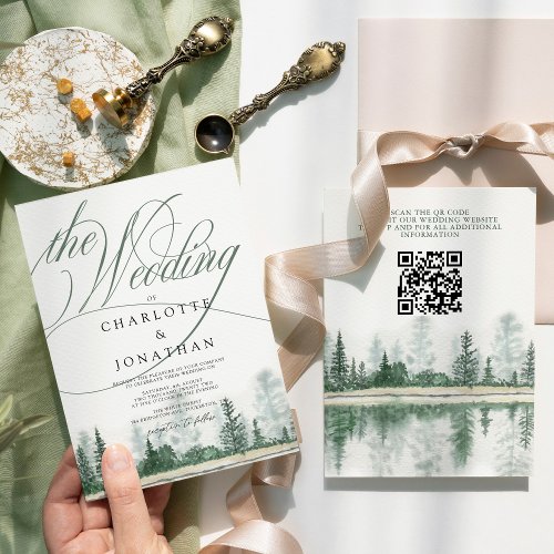 Elegant Calligraphy Rustic Forest QR Code Wedding Invitation