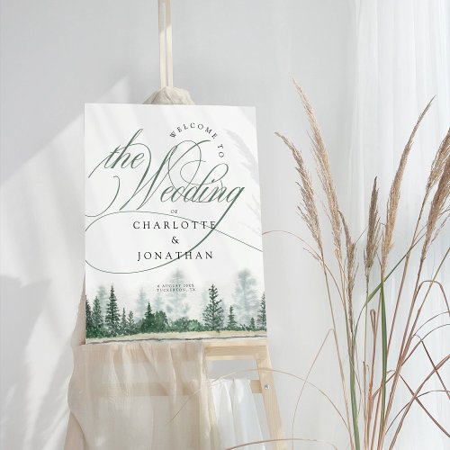 Elegant Calligraphy Rustic Mountains Wedding Sign