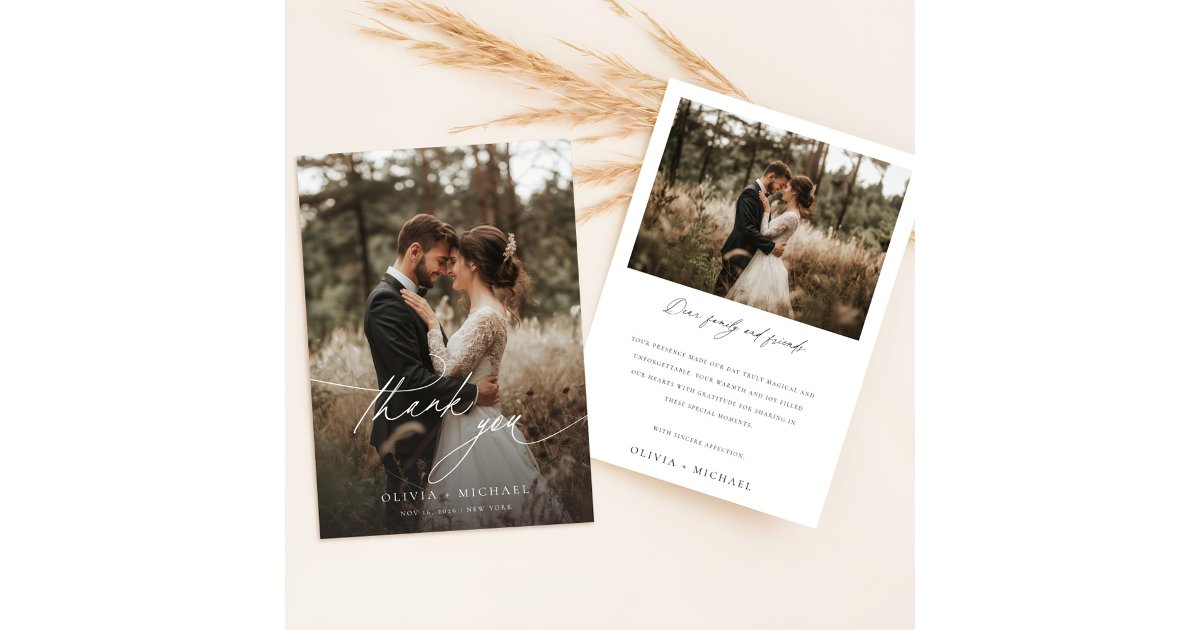 Elegant Calligraphy Rustic Photo Wedding Thank You Card | Zazzle
