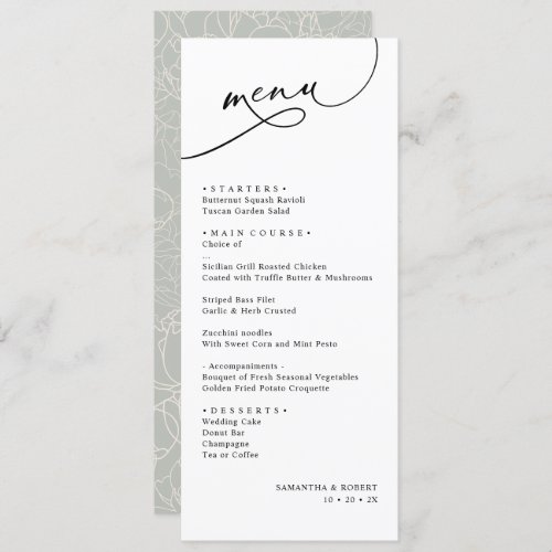 Elegant Calligraphy Rustic Sage Green Wedding Menu - Designed to coordinate with our Romantic Script wedding collection, this customizable Menu card, features a sweeping script calligraphy text paired with a classy serif font in black with a frosty sage green patterned back with a customizable monogram. Matching items available.