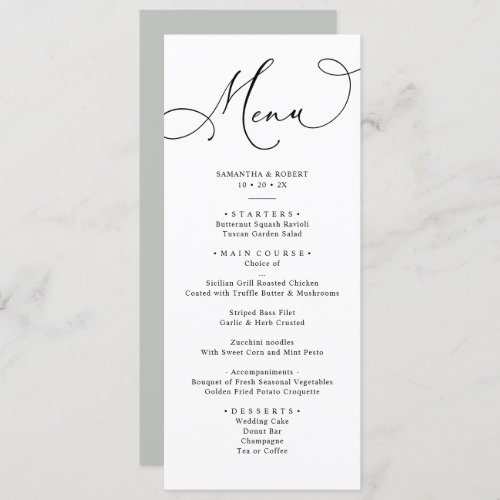 Elegant Calligraphy Rustic Sage Green Wedding Menu - Designed to coordinate with our Romantic Script wedding collection, this customizable Menu card, features a sweeping script calligraphy text paired with a classy serif font in black with a frosty sage green back and a customizable monogram. Matching items available.