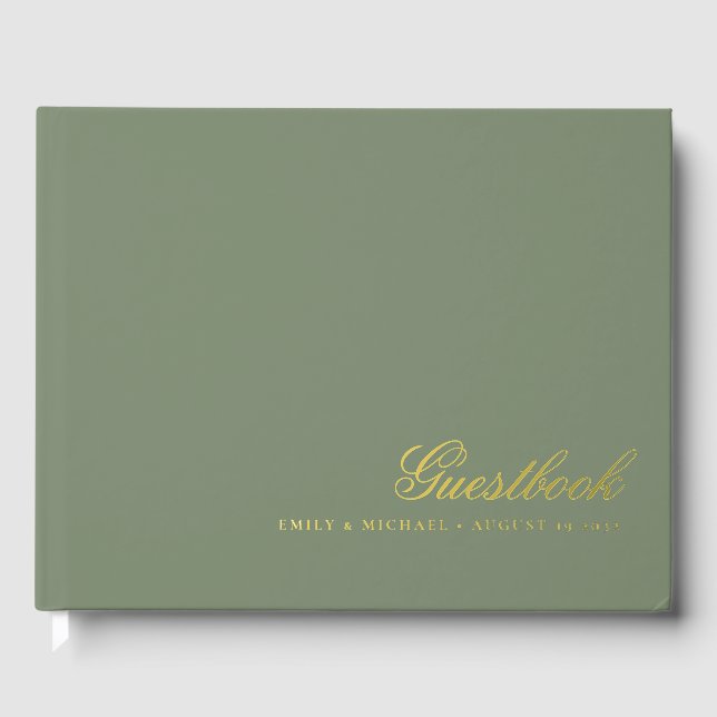 Elegant Calligraphy Sage Green Gold Foil Wedding  Foil Guest Book (Front)