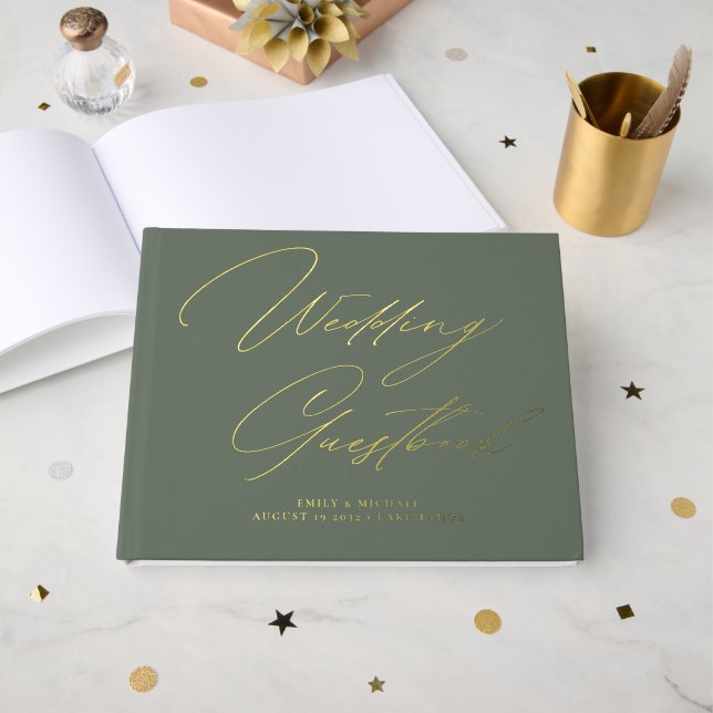 Elegant Calligraphy Sage Green Gold Foil Wedding  Foil Guest Book (Front Open)