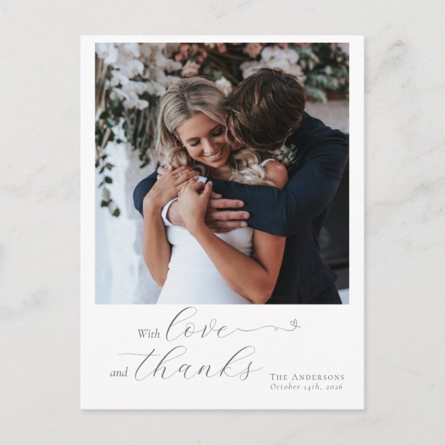 Elegant Calligraphy Sage Green Heart Wedding Photo Postcard (Front)