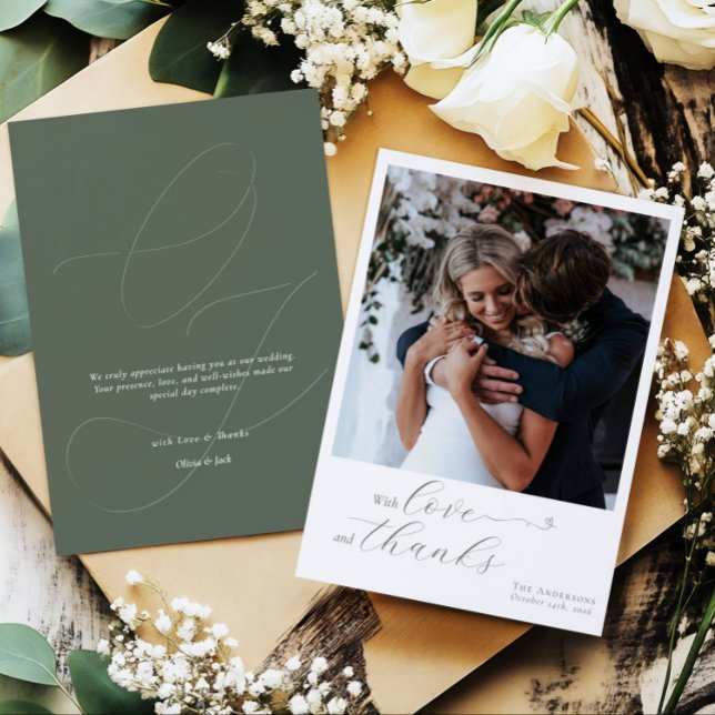 Elegant Calligraphy Sage Green Heart Wedding Photo Thank You Card (Creator Uploaded)