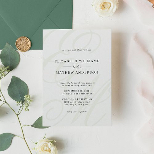 Elegant Calligraphy Sage Green Monogram Wedding Invitation