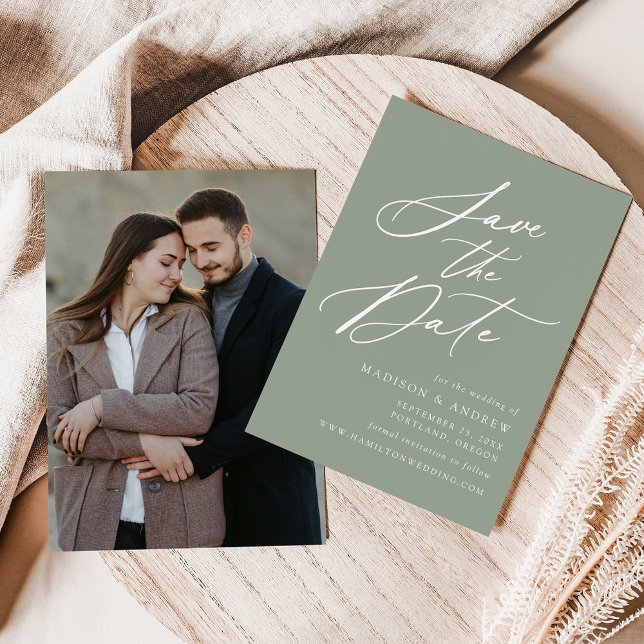 Elegant Calligraphy Sage Green Photo Wedding Save The Date (Creator Uploaded)