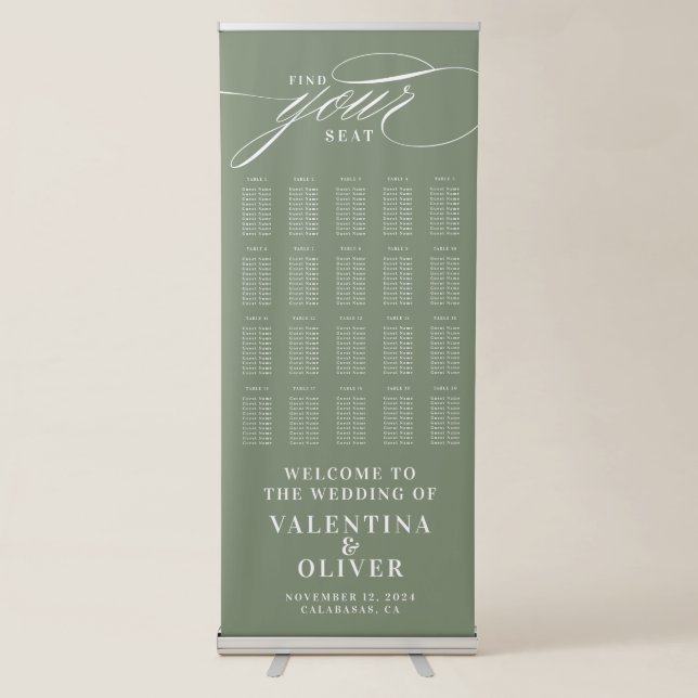 Elegant Calligraphy Sage Green Seating Chart  Retractable Banner (Front)