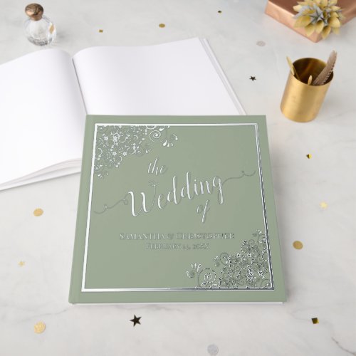 Elegant Calligraphy Sage Green Silver Foil Wedding Foil Guest Book