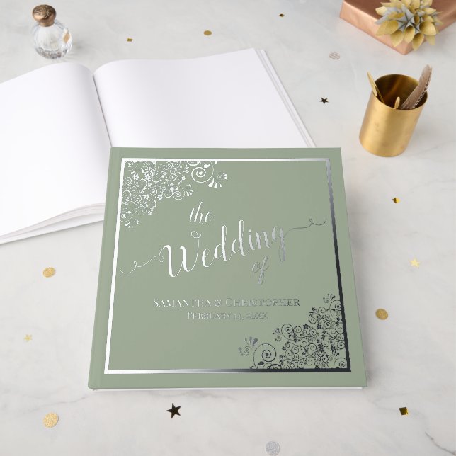 Elegant Calligraphy Sage Green Silver Foil Wedding Foil Guest Book (Front Open)
