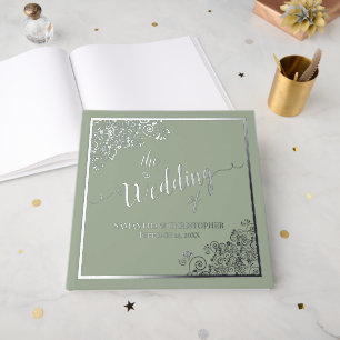 Elegant Calligraphy Sage Green Silver Foil Wedding Guest Book