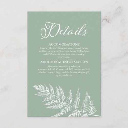 Elegant Calligraphy Sage Green Wedding Details Enclosure Card