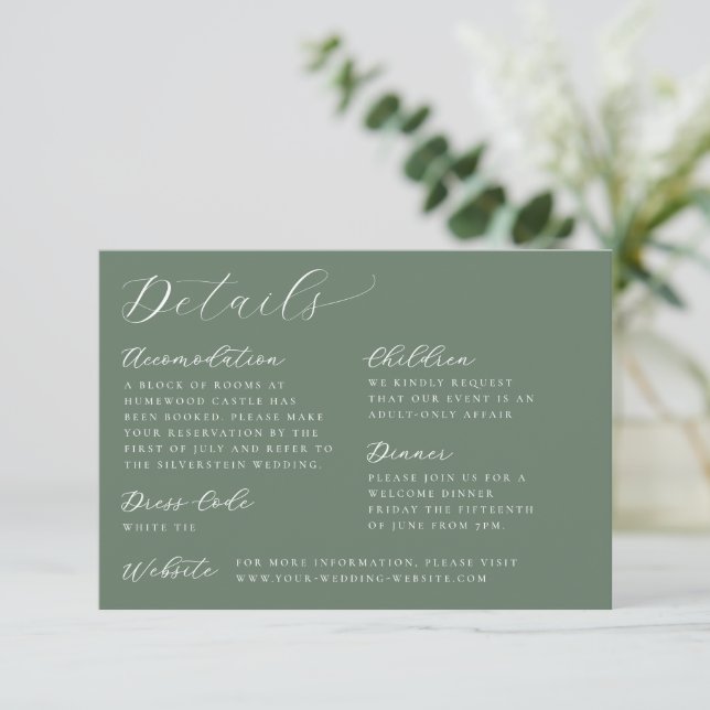Elegant Calligraphy Sage Green Wedding Details Enclosure Card (Standing Front)
