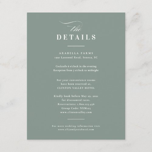 Elegant Calligraphy Sage Green Wedding Details Enclosure Card