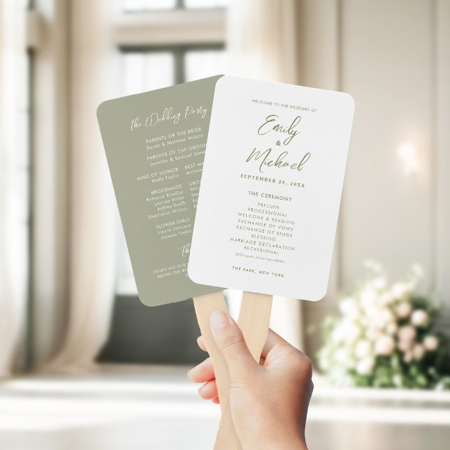 Elegant Calligraphy Sage Green Wedding Program Hand Fan (Elegant calligraphy sage green and white wedding program hand fan)