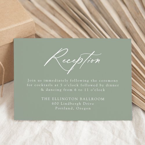 Elegant Calligraphy Sage Green Wedding Reception Enclosure Card