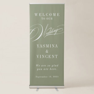 Elegant Calligraphy Sage Green Wedding Welcome Retractable Banner