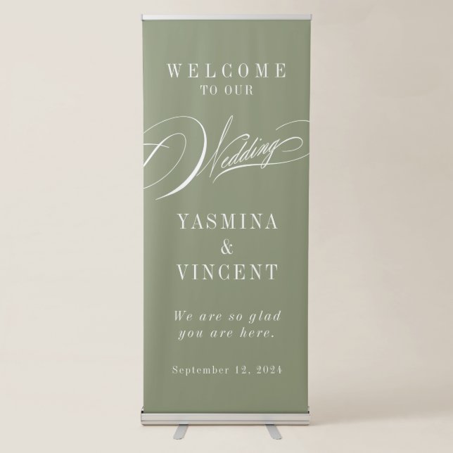 Elegant Calligraphy Sage Green Wedding Welcome Retractable Banner (Front)