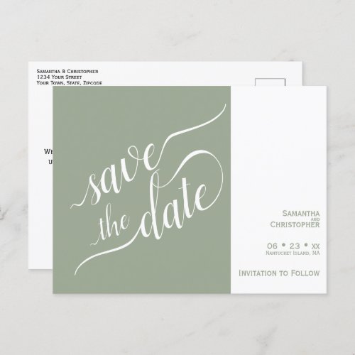 Elegant Calligraphy Sage Wedding Save the Date Announcement Postcard