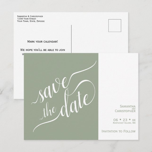Elegant Calligraphy Sage Wedding Save the Date Announcement Postcard (Front/Back)