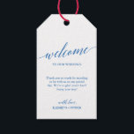 Elegant Calligraphy Santorini Blue Wedding Welcome Gift Tags<br><div class="desc">These elegant calligraphy Santorini blue wedding welcome gift tags are perfect for a simple wedding. The neutral design features a minimalist gift tag decorated with romantic and whimsical typography. Personalize the tags with the location of your wedding, a short welcome note, your names, and wedding date. These tags are perfect...</div>
