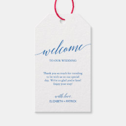 Elegant Calligraphy Santorini Blue Wedding Welcome Gift Tags