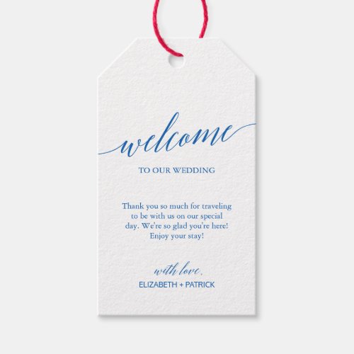 Elegant Calligraphy Santorini Blue Wedding Welcome Gift Tags