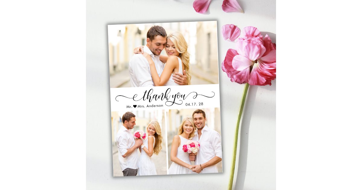 Elegant Calligraphy Script 3 Photo Collage Wedding Thank You Card | Zazzle