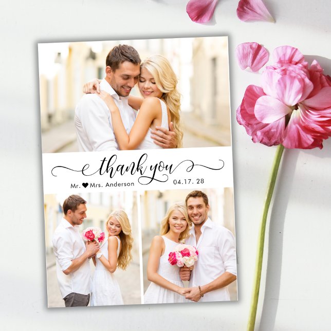 Elegant Calligraphy Script 3 Photo Collage Wedding Thank You Card (Creator Uploaded)