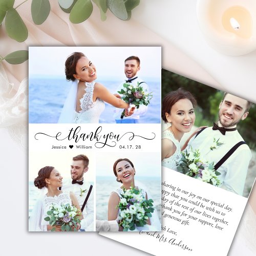 Elegant Calligraphy Script 3 Photo Collage Wedding Thank You Card