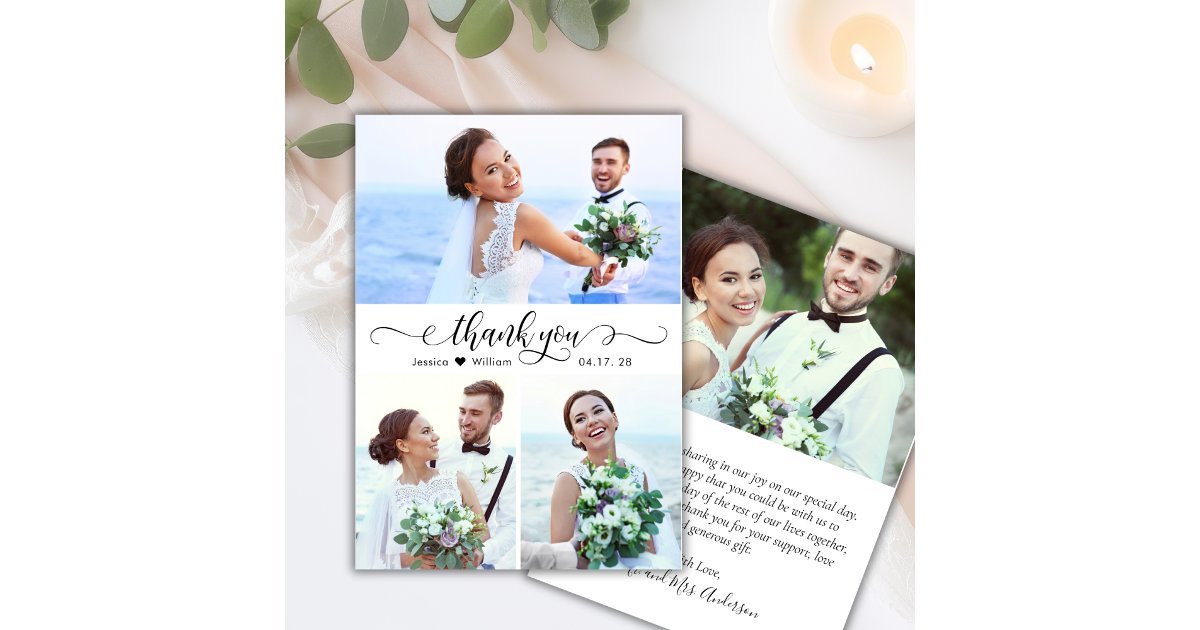 Elegant Calligraphy Script 3 Photo Collage Wedding Thank You Card | Zazzle