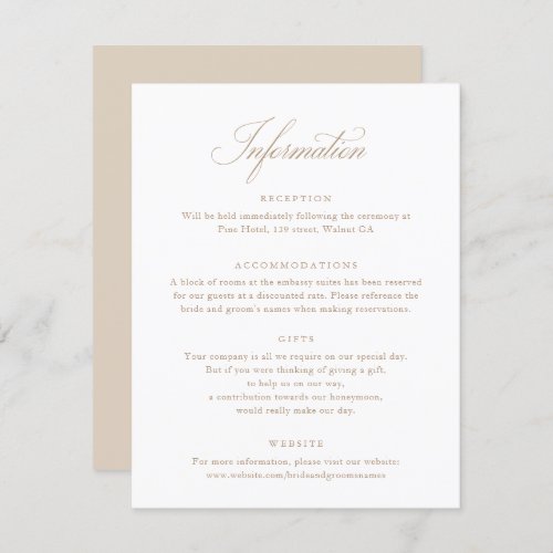 Elegant Calligraphy Script Beige Wedding Info Card