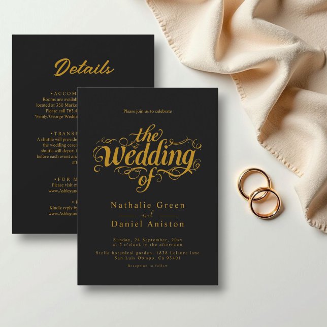 Elegant Calligraphy Script Black and Gold Wedding Invitation (Creator Uploaded)