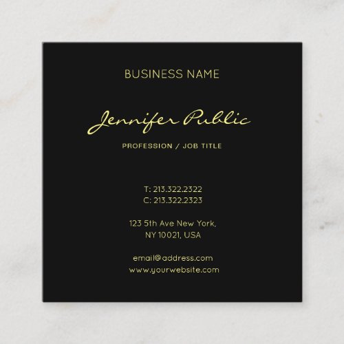 Elegant Calligraphy Script Black Gold Trendy Luxe Square Business Card