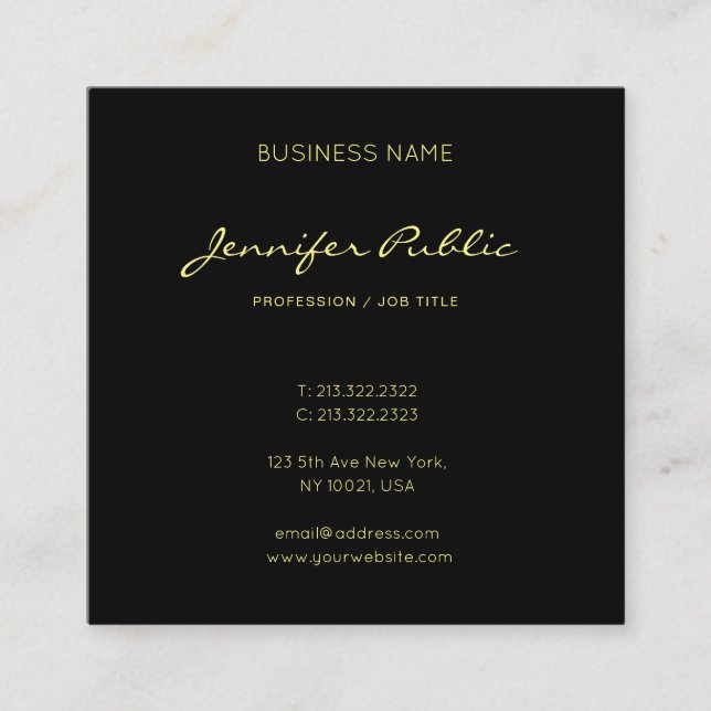 Elegant Calligraphy Script Black Gold Trendy Luxe Square Business Card (Front)