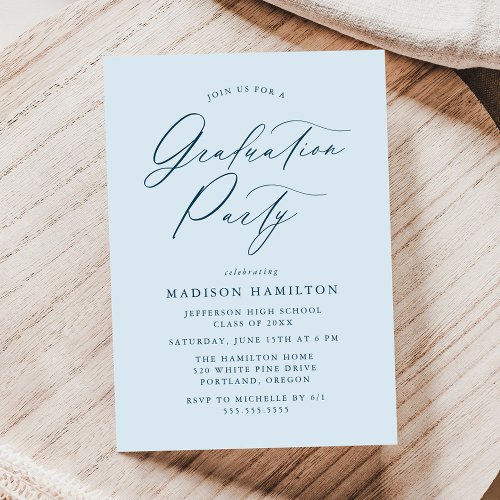 Elegant Calligraphy Script Blue Graduation Party Invitation