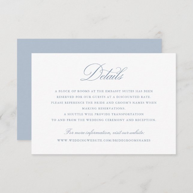 Elegant Calligraphy Script Blue Wedding Details Invitation (Front/Back)