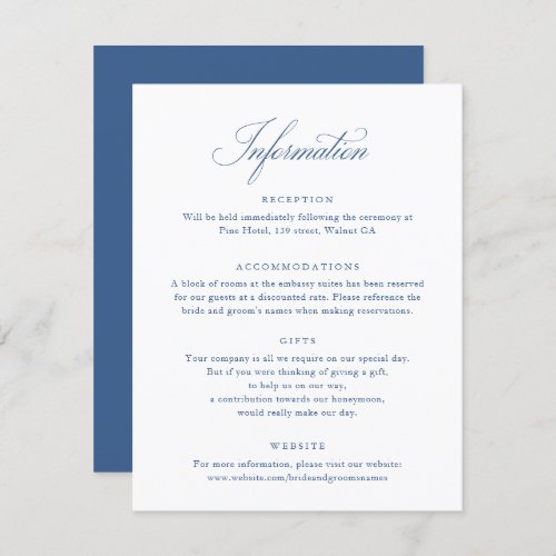 Elegant Calligraphy Script Blue Wedding Info Card