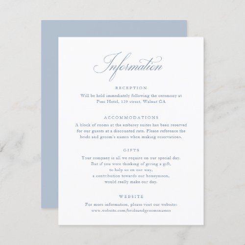 Elegant Calligraphy Script Blue Wedding Info Card