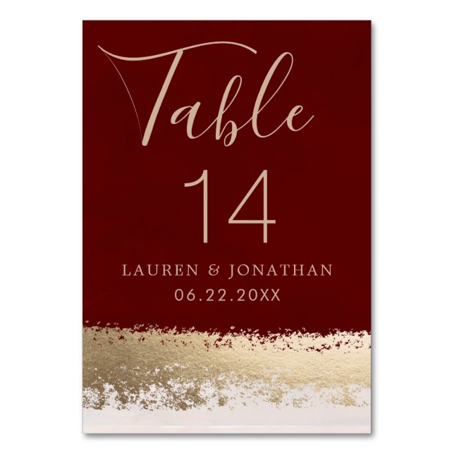Elegant Calligraphy Script, Burgundy, Gold Wedding Table Number (Front)